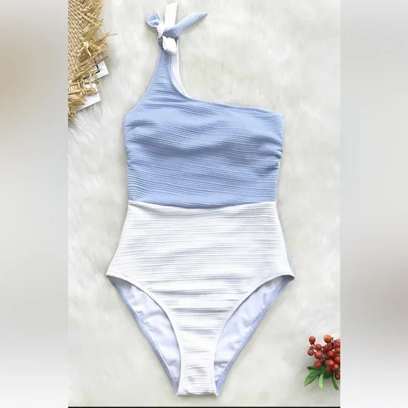Cupshe Blue and White One Shoulder One-Piece Swimsuit - Picture 5 of 8